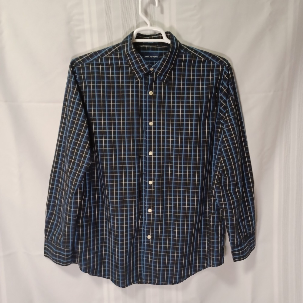 John Ashford Button Down Shirt Mens L Black Blue Plaid Long Sleeve Casual Cotton